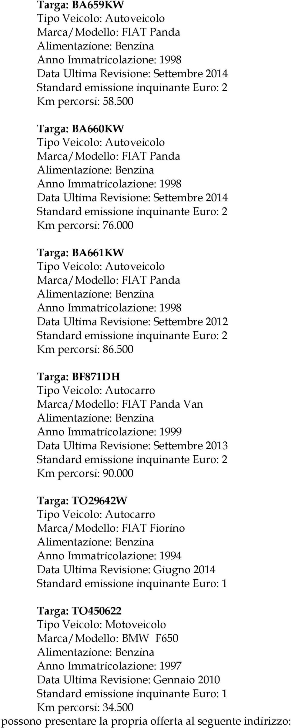 000 Targa: BA661KW Marca/Modello: FIAT Panda Anno Immatricolazione: 1998 Data Ultima Revisione: Settembre 2012 Km percorsi: 86.