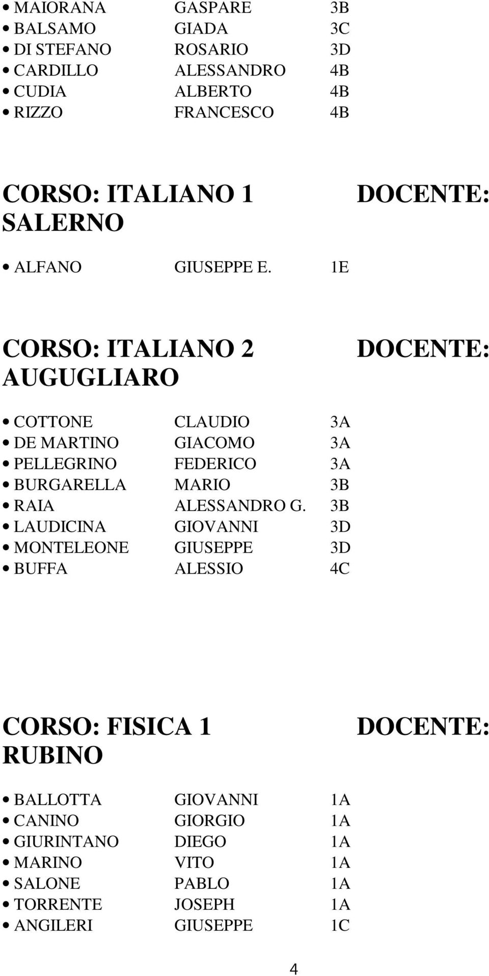 1E CORSO: ITALIANO 2 AUGUGLIARO COTTONE CLAUDIO 3A DE MARTINO GIACOMO 3A PELLEGRINO FEDERICO 3A BURGARELLA MARIO 3B RAIA