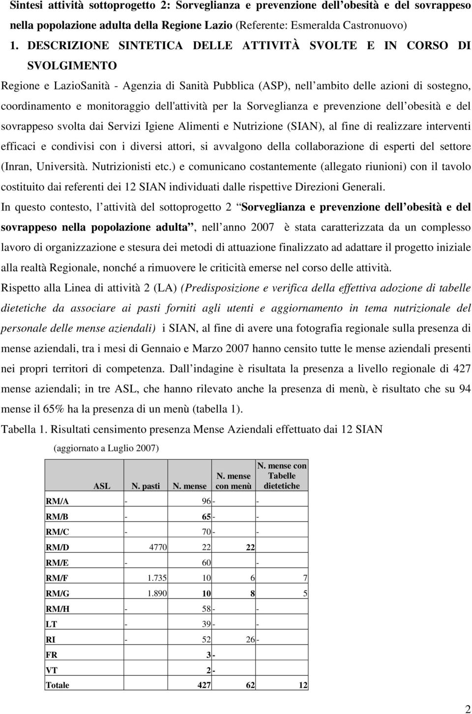 dell'attività per la Sorveglianza e prevenzione dell obesità e del sovrappeso svolta dai Servizi Igiene Alimenti e Nutrizione (SIAN), al fine di realizzare interventi efficaci e condivisi con i