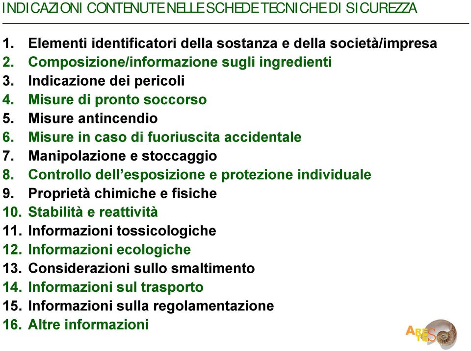 Misure in caso di fuoriuscita accidentale 7. Manipolazione e stoccaggio 8. Controllo dell esposizione e protezione individuale 9.