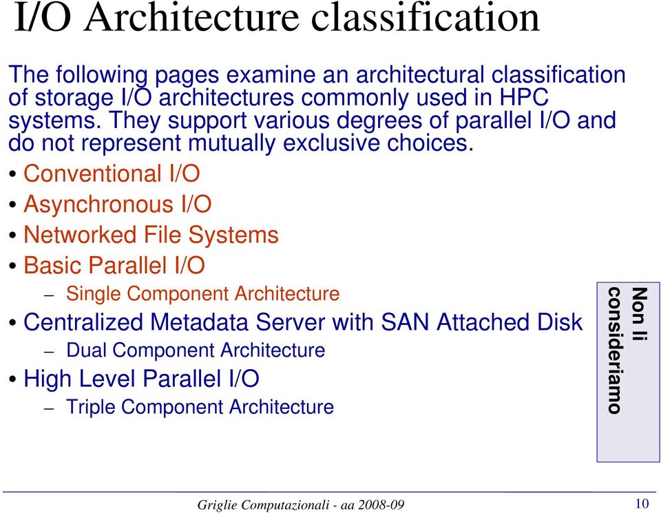 Conventional I/O Asynchronous I/O Networked File Systems Basic Parallel I/O Single Component Architecture Centralized Metadata