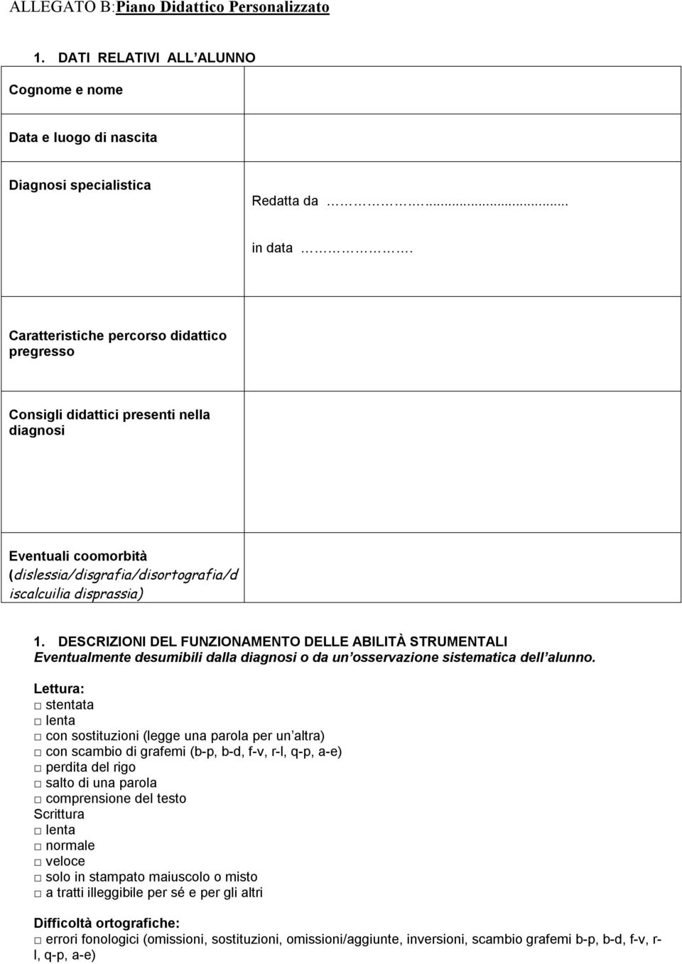 DESCRIZIONI DEL FUNZIONAMENTO DELLE ABILITÀ STRUMENTALI Eventualmente desumibili dalla diagnosi o da un osservazione sistematica dell alunno.