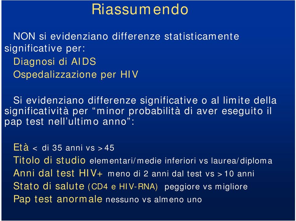 nell ultimo anno : Età < di 35 anni vs >45 Titolo di studio elementari/medie inferiori vs laurea/diploma Anni dal test HIV+