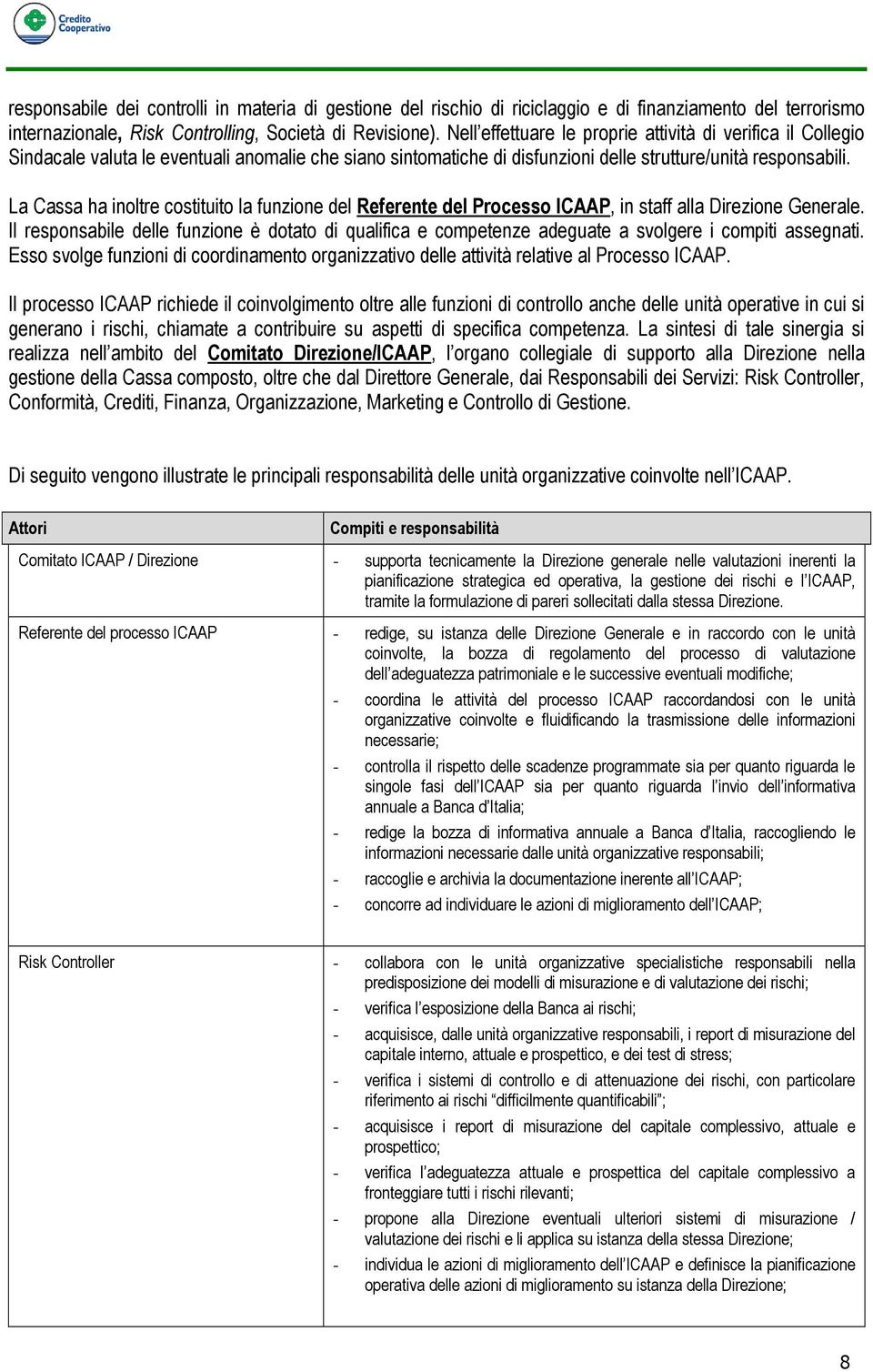 La Cassa ha inoltre costituito la funzione del Referente del Processo ICAAP, in staff alla Direzione Generale.