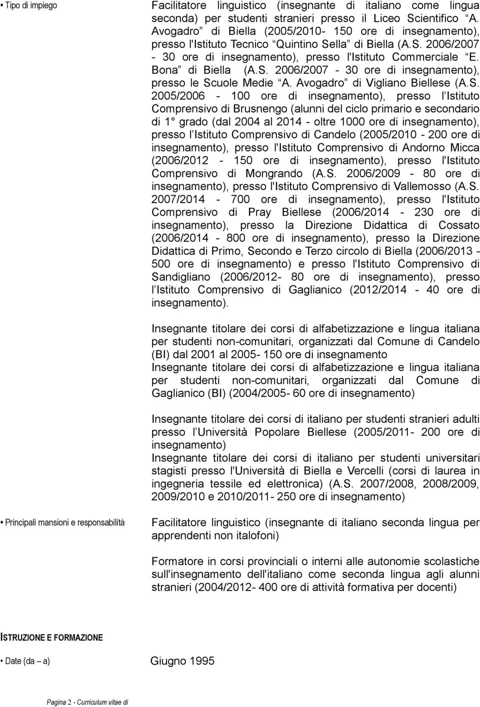 S. 2006/2007-30 ore di insegnamento), presso le Scuole Medie A. Avogadro di Vigliano Biellese (A.S. 2005/2006-100 ore di insegnamento), presso l Istituto Comprensivo di Brusnengo (alunni del ciclo