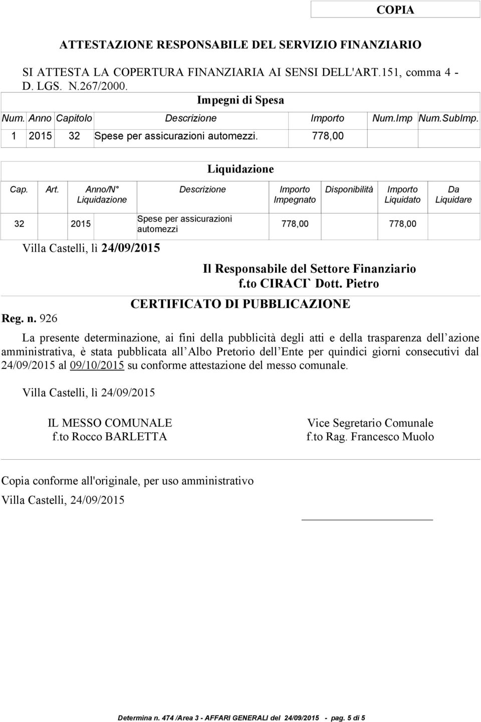 Anno/N Liquidazione Descrizione Importo Impegnato Disponibilità Importo Liquidato Da Liquidare 32 2015 Villa Castelli, lì 24/09/2015 Reg. n.