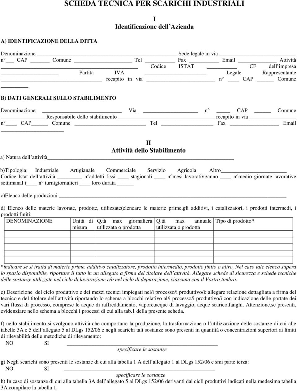 Email II Attività dello Stabilimento a) Natura dell attività b)tipologia: Industriale Artigianale Commerciale Servizio Agricola Altro Codice Istat dell attività n addetti fissi stagionali n mesi