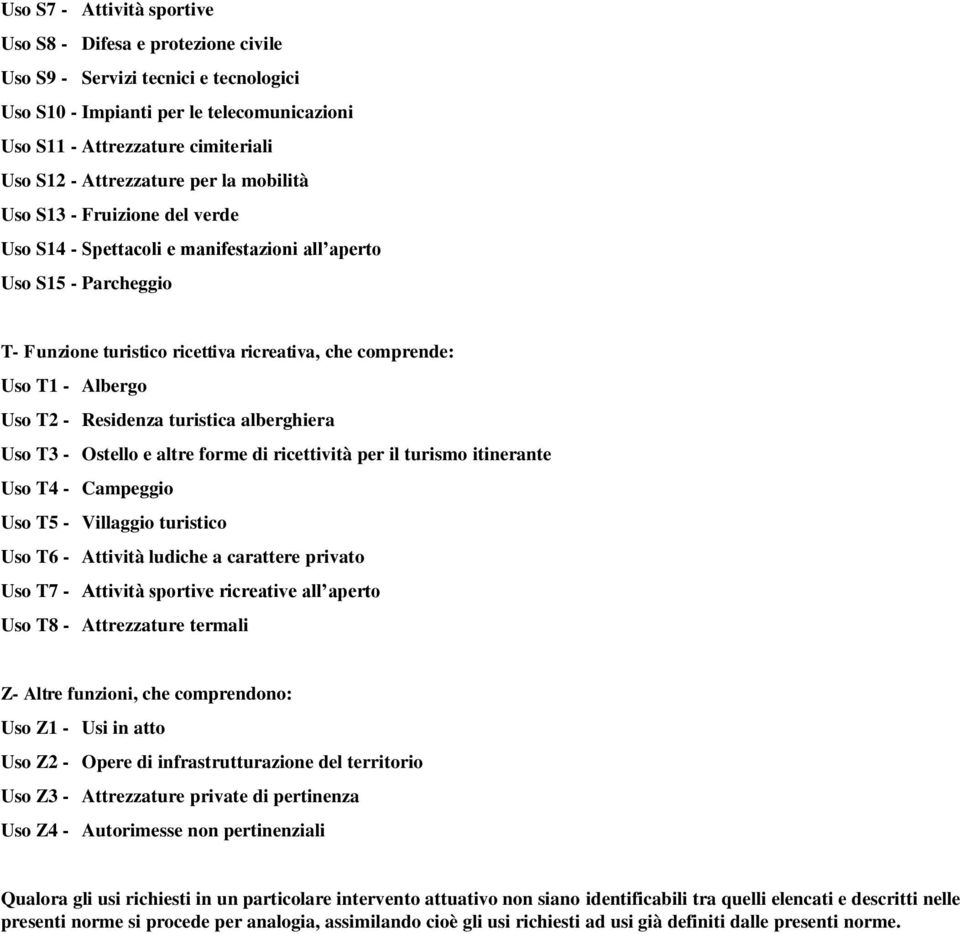 Albergo Uso T2 - Residenza turistica alberghiera Uso T3 - Ostello e altre forme di ricettività per il turismo itinerante Uso T4 - Campeggio Uso T5 - Villaggio turistico Uso T6 - Attività ludiche a