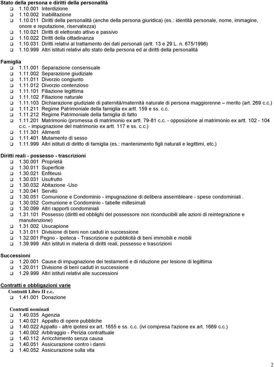 13 e 29 L. n. 675/1996) 1.10.999 Altri istituti relativi allo stato della persona ed ai diritti della personalità Famiglia 1.11.001 Separazione consensuale 1.11.002 Separazione giudiziale 1.11.011 Divorzio congiunto 1.