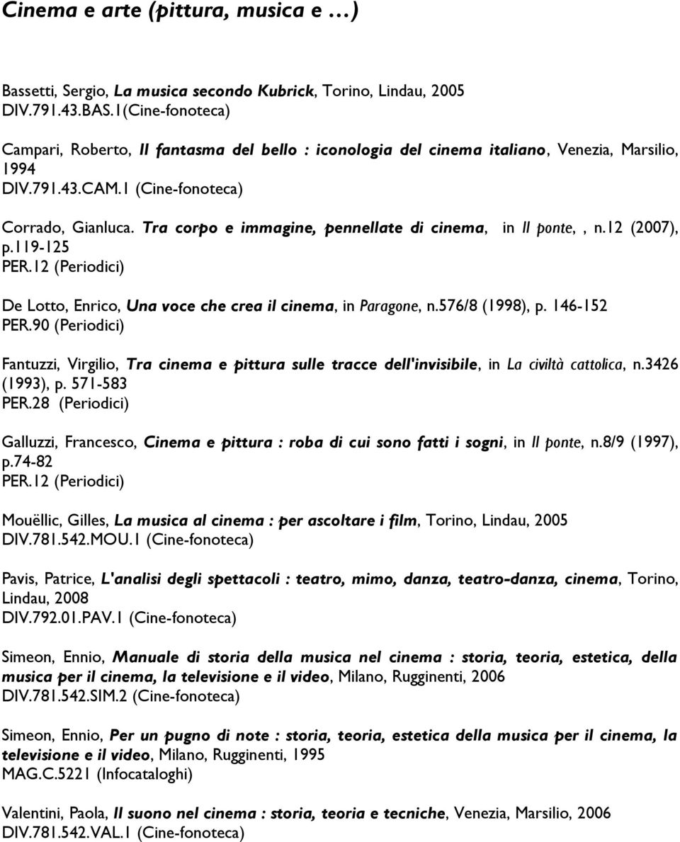 Tra corpo e immagine, pennellate di cinema, in Il ponte,, n.12 (2007), p.119-125 PER.12 (Periodici) De Lotto, Enrico, Una voce che crea il cinema, in Paragone, n.576/8 (1998), p. 146-152 PER.