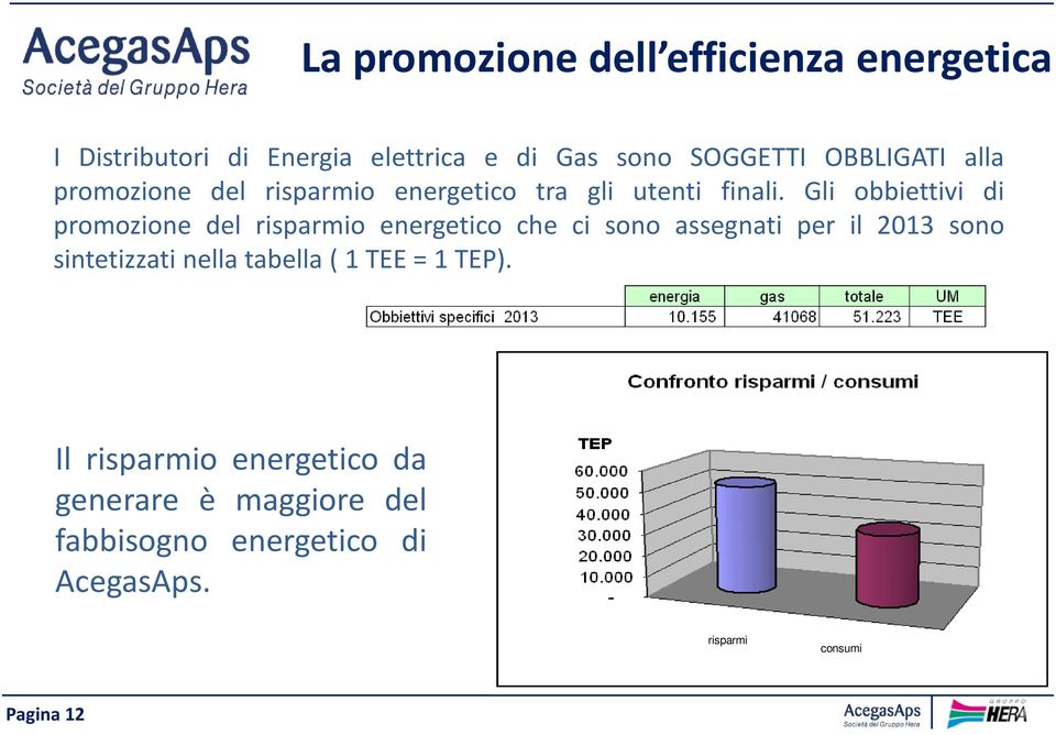 Gli obbiettivi di promozione del risparmio energetico che ci sono assegnati per il 2013 sono