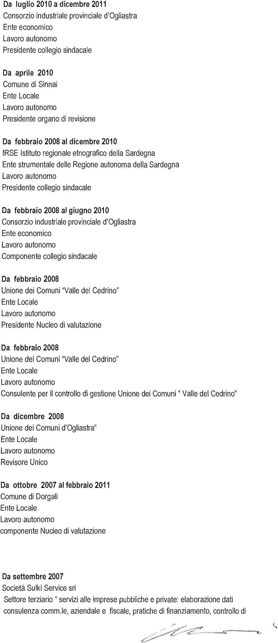 industriale provinciale d'ogliastra Ente economico Componente collegio sindacale Da febbraio 2008 Unione dei Comuni "Valle del Cedrine" Presidente Nucleo di valutazione Da febbraio 2008 Unione dei