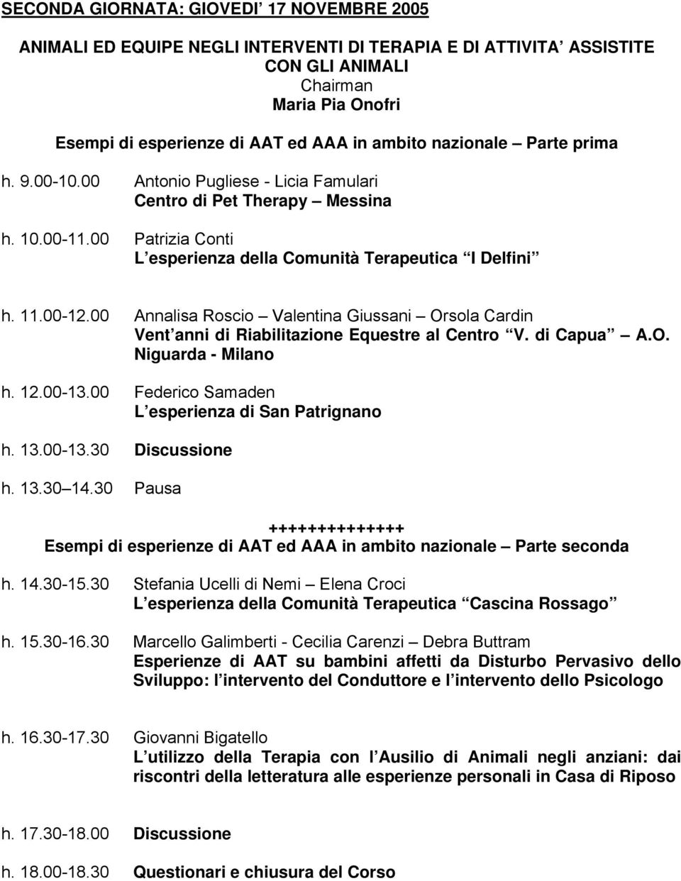 00 Annalisa Roscio Valentina Giussani Orsola Cardin Vent anni di Riabilitazione Equestre al Centro V. di Capua A.O. Niguarda - Milano h. 12.00-13.00 Federico Samaden L esperienza di San Patrignano h.