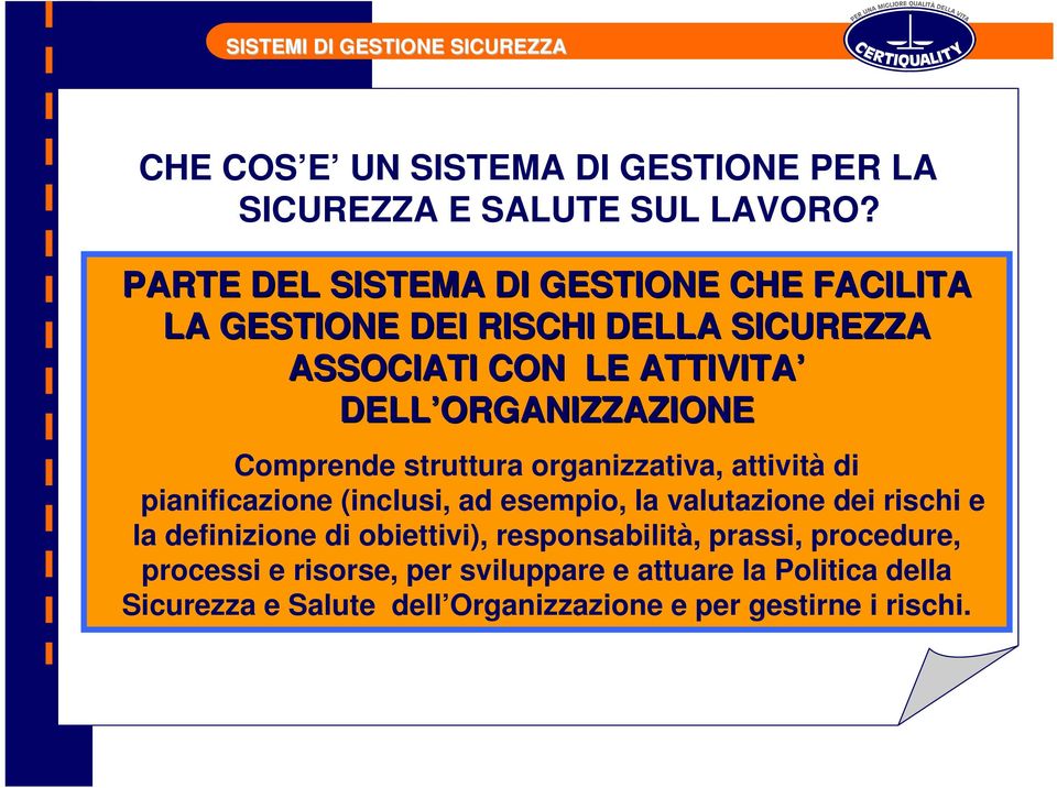 PARTE DEL SISTEMA DI GESTIONE CHE FACILITA LA GESTIONE DEI RISCHI DELLA SICUREZZA ASSOCIATI CON LE ATTIVITA DELL ORGANIZZAZIONE Comprende