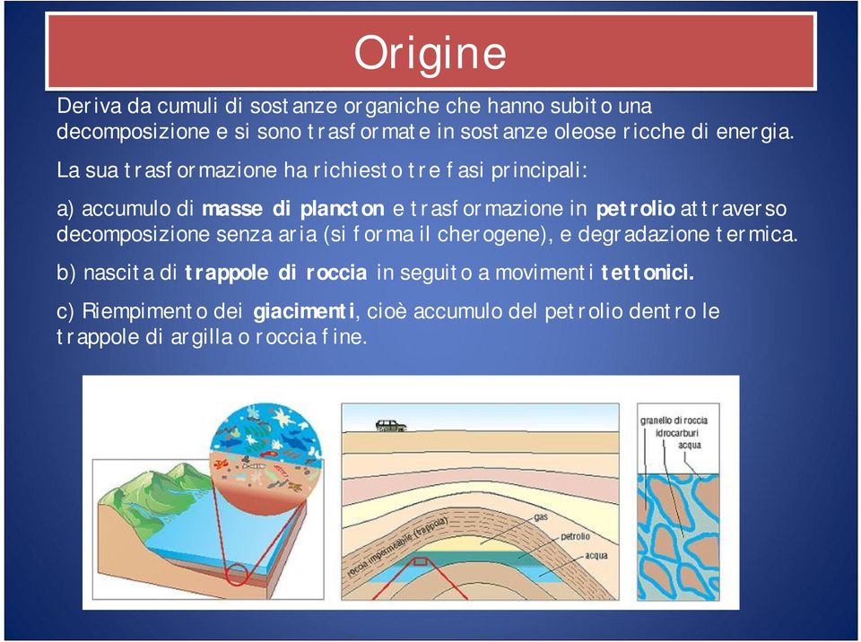 La sua trasformazione ha richiesto tre fasi principali: a) accumulo di masse di plancton e trasformazione in petrolio attraverso