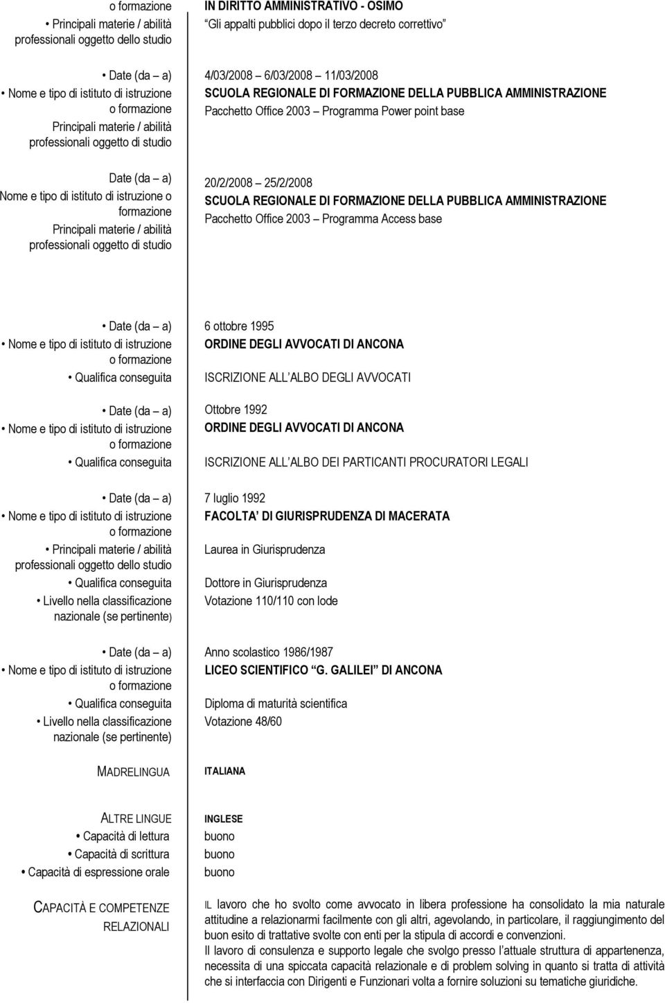 Pacchetto Office 2003 Programma Access base 6 ottobre 1995 Nome e tipo di istituto di istruzione ORDINE DEGLI AVVOCATI DI ANCONA Qualifica conseguita ISCRIZIONE ALL ALBO DEGLI AVVOCATI Ottobre 1992