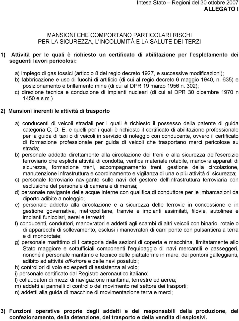 artificio (di cui al regio decreto 6 maggio 1940, n. 635) e posizionamento e brillamento mine (di cui al DPR 19 marzo 1956 n.