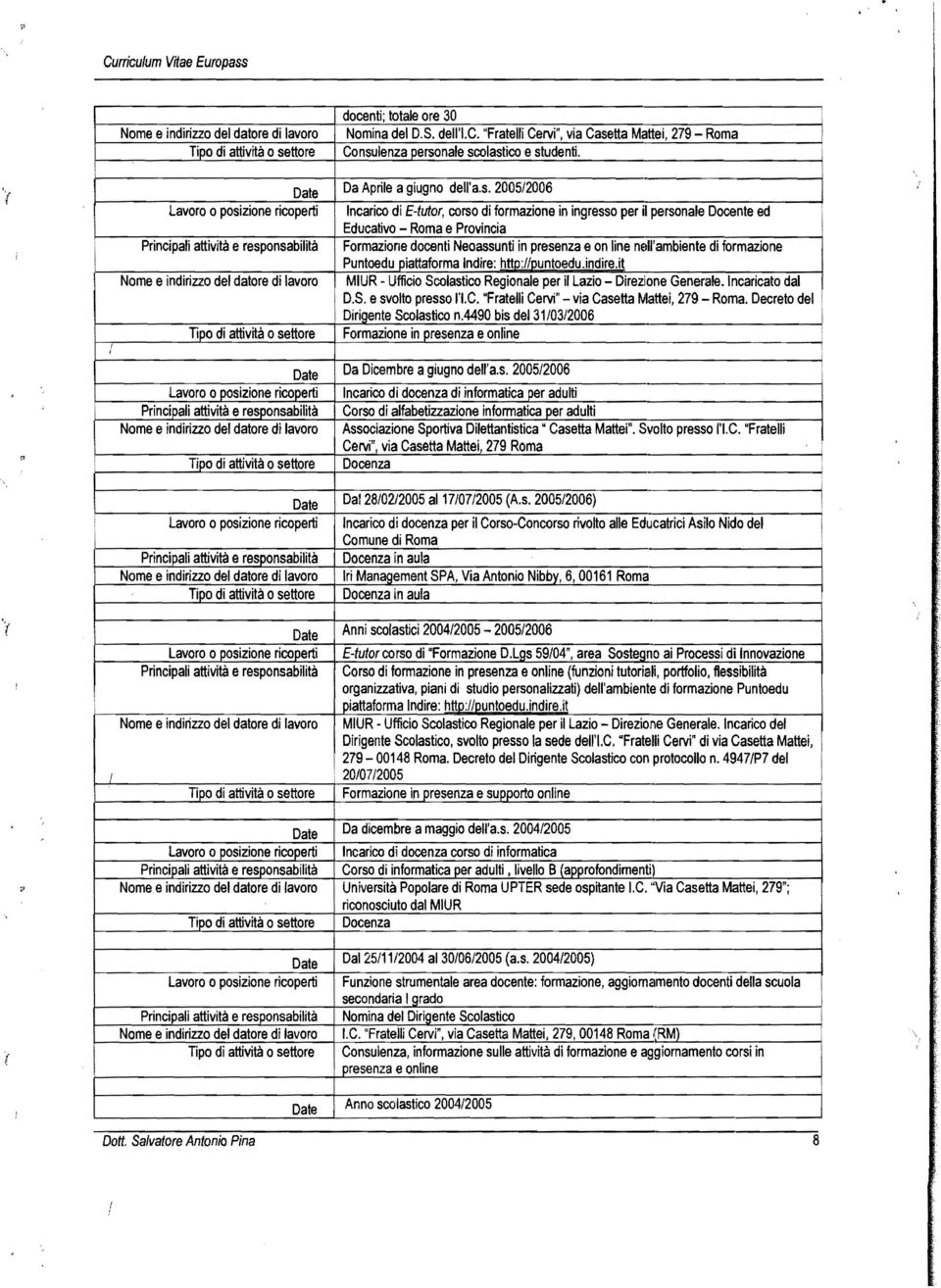 2005/2006 ncarco d Etutor, corso d formazone n ngresso per l personale Docente ed Educatvo Roma e Provnca Formazone docent Neoassunt n presenza e on lne ne'ambente d formazone Puntoedujlattaforma