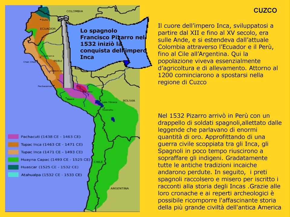 Attorno al 1200 cominciarono a spostarsi nella regione di Cuzco Nel 1532 Pizarro arrivò in Perù con un drappello di soldati spagnoli,allettato dalle leggende che parlavano di enormi quantità di oro.