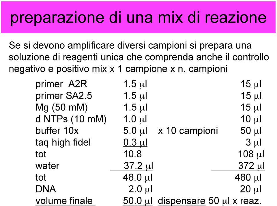 5 µl 15 µl Mg (50 mm) 1.5 µl 15 µl d NTPs (10 mm) 1.0 µl 10 µl buffer 10x 5.0 µl x 10 campioni 50 µl taq high fidel 0.