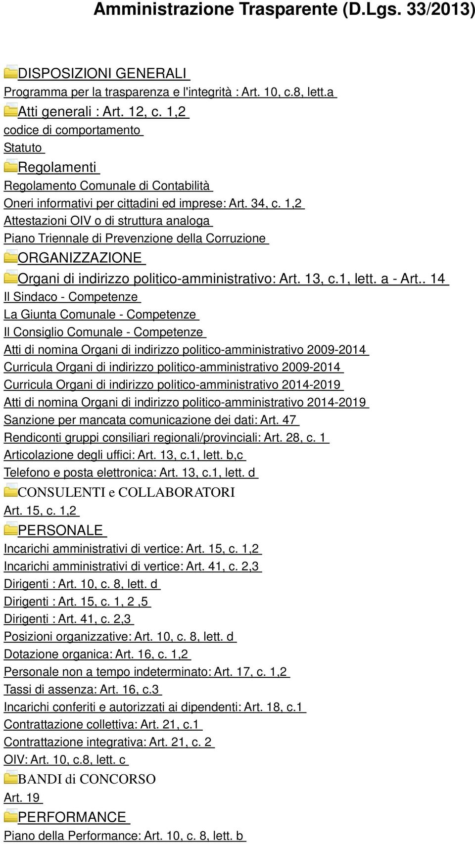 1,2 Attestazioni OIV o di struttura analoga Piano Triennale di Prevenzione della Corruzione ORGANIZZAZIONE Organi di indirizzo politico-amministrativo: Art. 13, c.1, lett. a - Art.