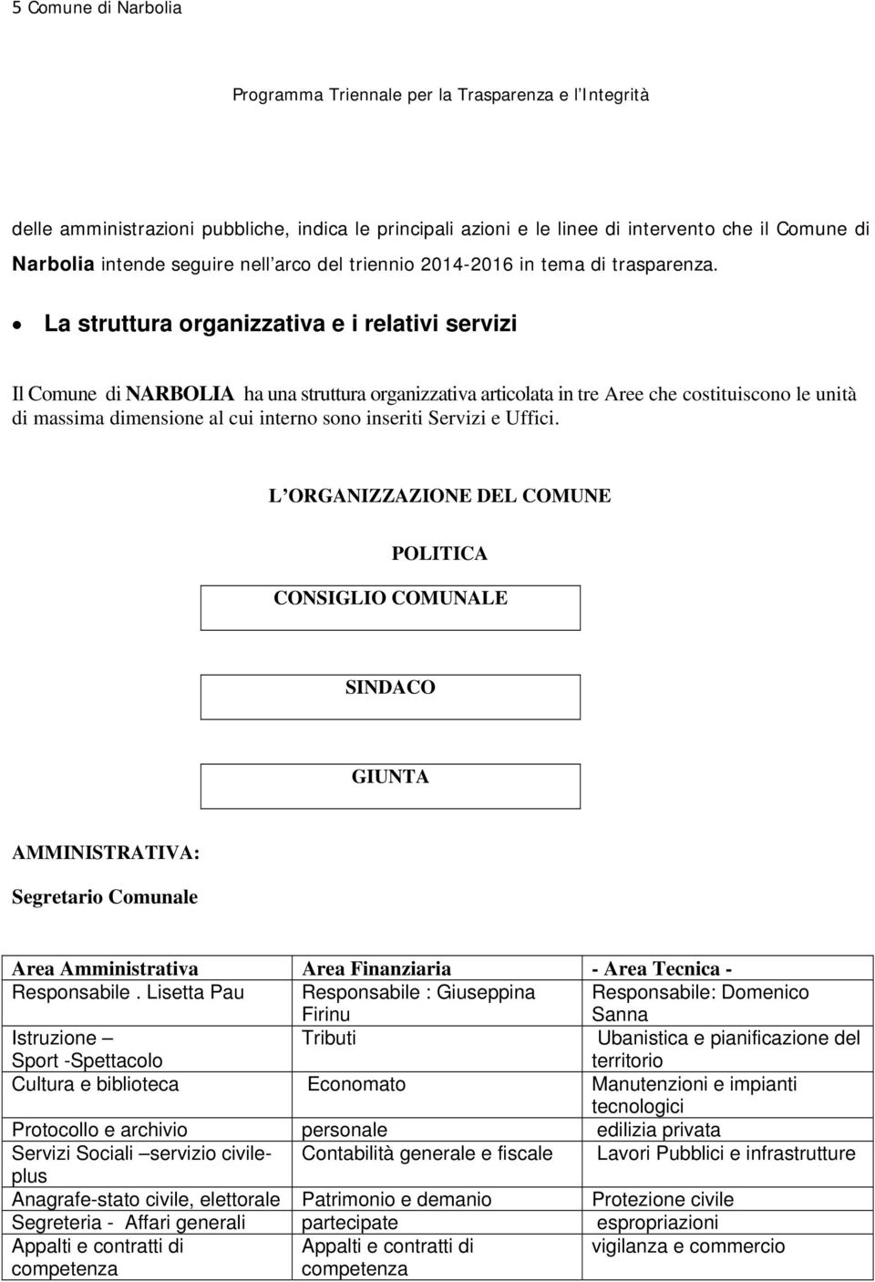 La struttura organizzativa e i relativi servizi Il Comune di NARBOLIA ha una struttura organizzativa articolata in tre Aree che costituiscono le unità di massima dimensione al cui interno sono