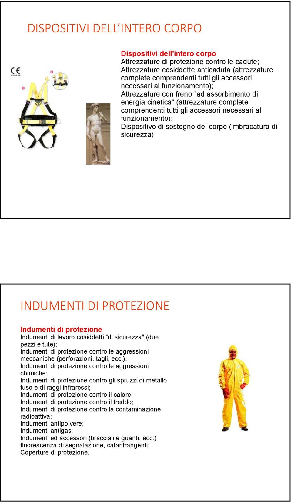 del corpo (imbracatura di sicurezza) INDUMENTI DI PROTEZIONE Indumenti di protezione Indumenti di lavoro cosiddetti di sicurezza" (due pezzi e tute); Indumenti di protezione contro le aggressioni