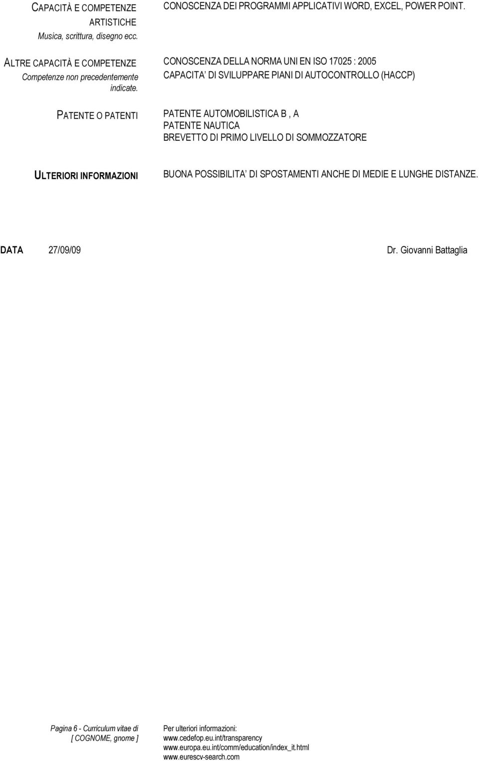 CONOSCENZA DELLA NORMA UNI EN ISO 17025 : 2005 CAPACITA DI SVILUPPARE PIANI DI AUTOCONTROLLO (HACCP) PATENTE AUTOMOBILISTICA B, A PATENTE