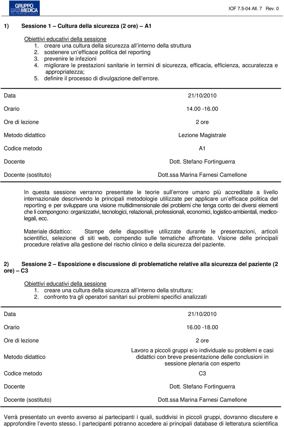 Data 21/10/2010 Orari 14.00-16.00 Ore di lezine Metd didattic Cdice metd Dcente Dcente (sstitut) 2 re Lezine Magistrale A1 Dtt. Stefan Frtinguerra Dtt.