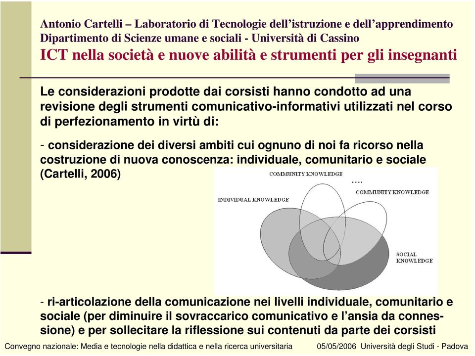 individuale, comunitario e sociale (Cartelli, 2006) - ri-articolazione della comunicazione nei livelli individuale, comunitario e
