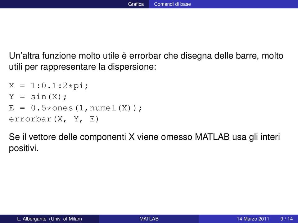 5*ones(1,numel(X)); errorbar(x, Y, E) Se il vettore delle componenti X viene omesso