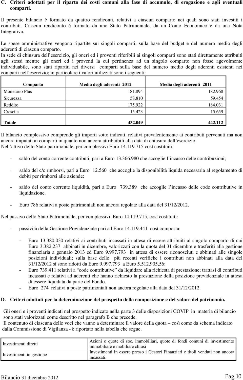 Ciascun rendiconto è formato da uno Stato Patrimoniale, da un Conto Economico e da una Nota Integrativa.