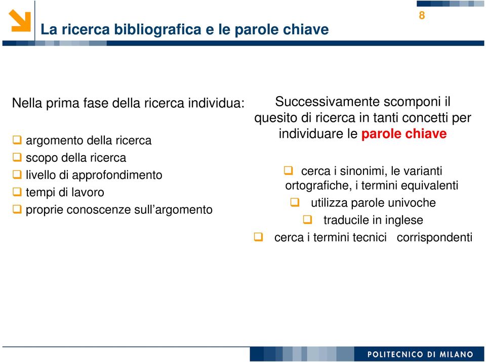 scomponi il quesito di ricerca in tanti concetti per individuare le parole chiave cerca i sinonimi, le varianti