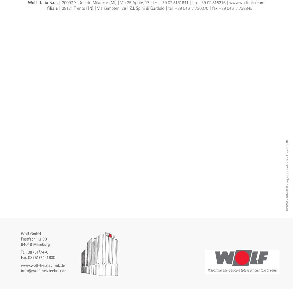 1738845 4800598-2014 02 IT - Soggetto a modifiche - Effe e Erre TN Wolf GmbH Postfach 13 80 84048 Mainburg Tel.
