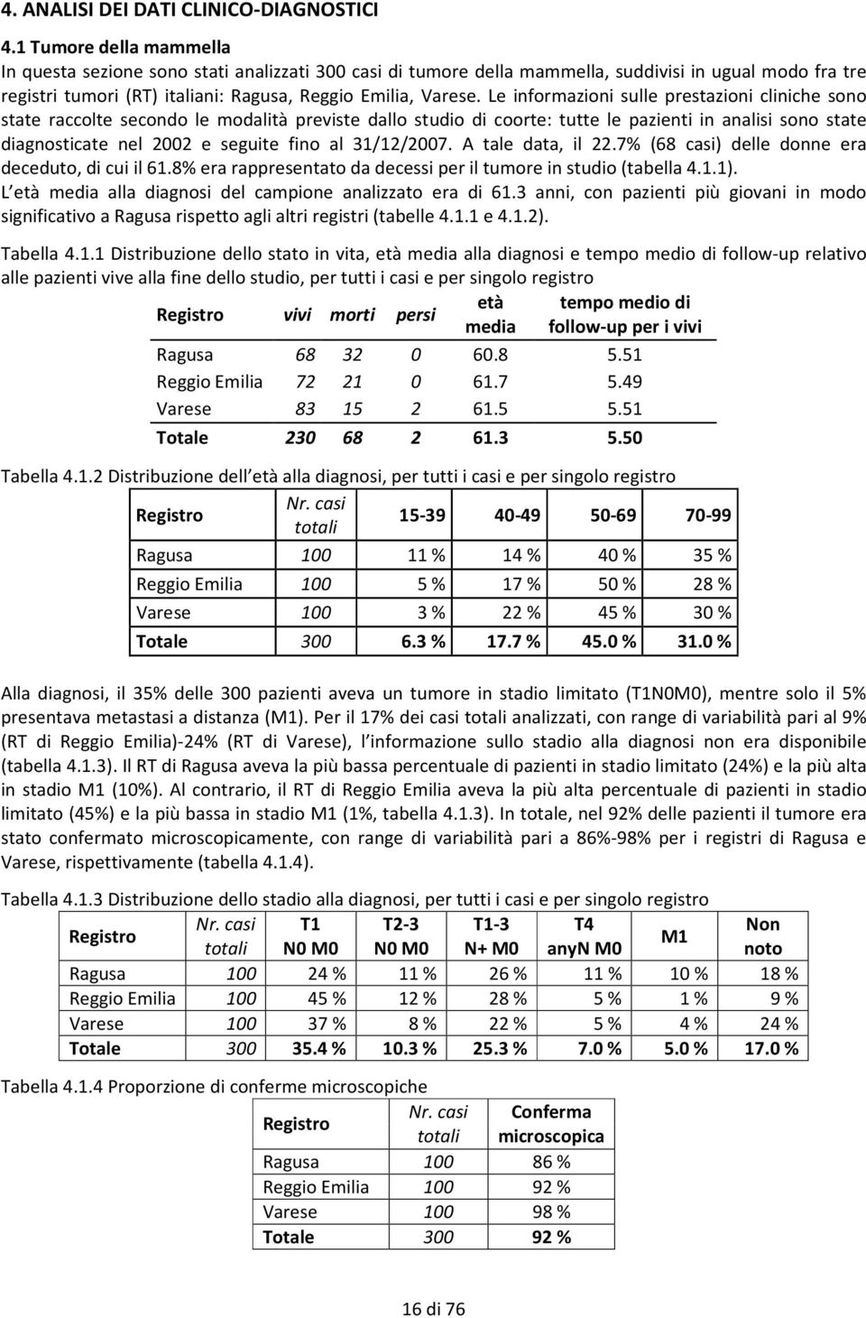 Le informazioni sulle prestazioni cliniche sono state raccolte secondo le modalità previste dallo studio di coorte: tutte le pazienti in analisi sono state diagnosticate nel 2002 e seguite fino al