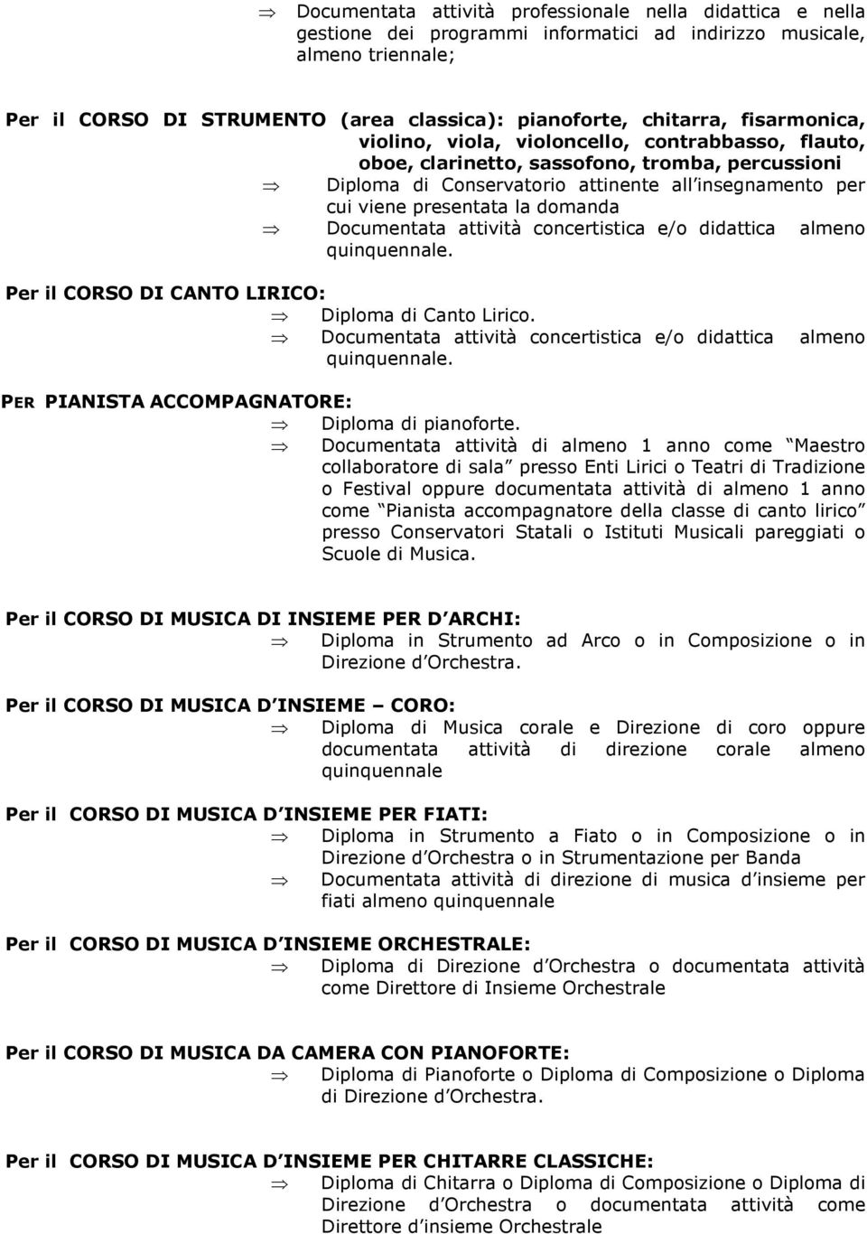 domanda Documentata attività concertistica e/o didattica almeno quinquennale. Per il CORSO DI CANTO LIRICO: Diploma di Canto Lirico.