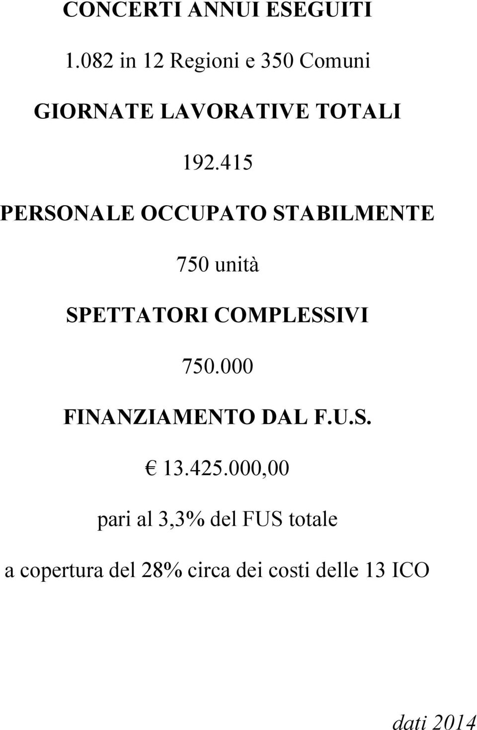 415 PERSONALE OCCUPATO STABILMENTE 750 unità SPETTATORI COMPLESSIVI 750.