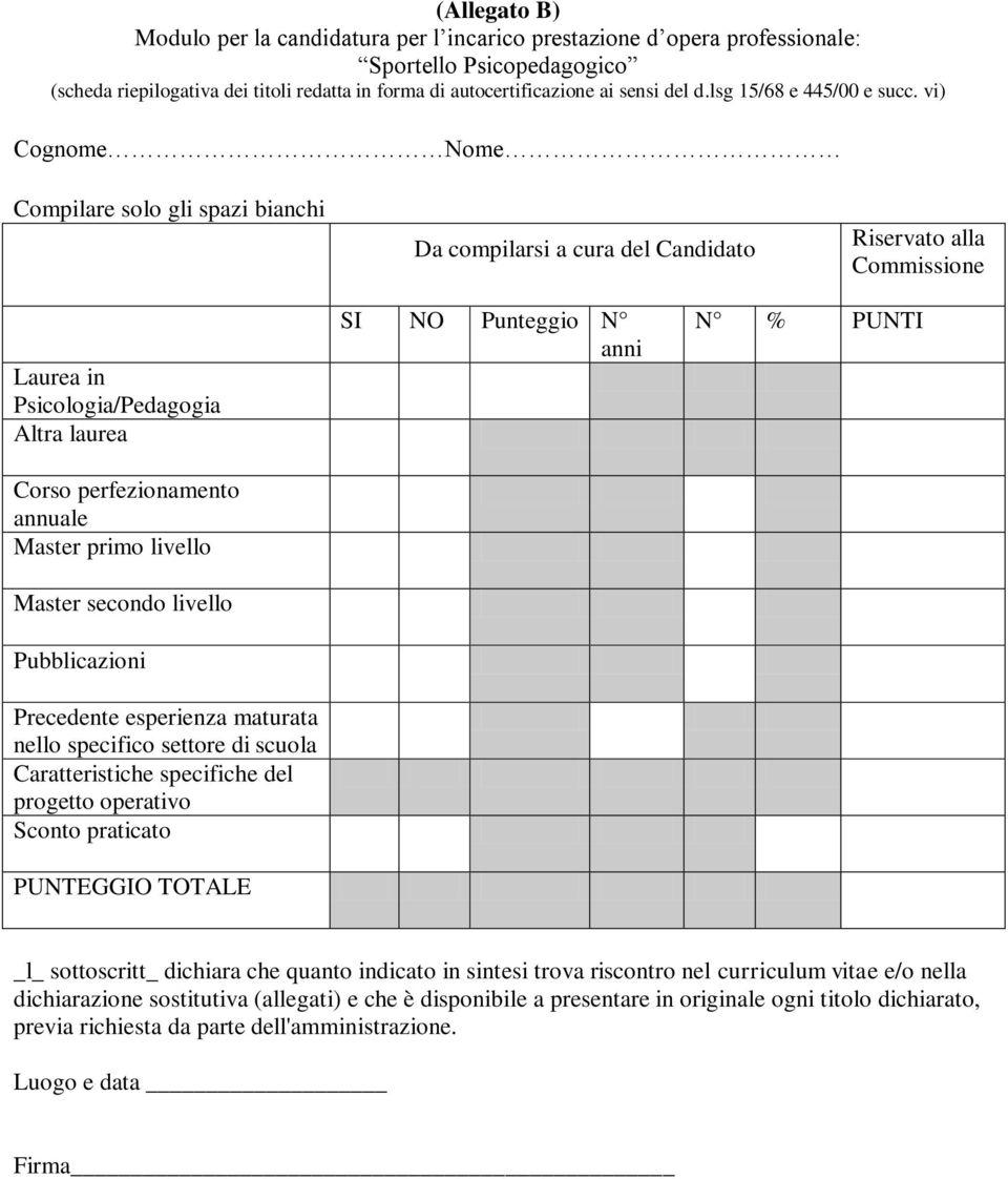 vi) Cognome Nome Compilare solo gli spazi bianchi Da compilarsi a cura del Candidato Riservato alla Commissione Laurea in Psicologia/Pedagogia Altra laurea Corso perfezionamento annuale Master primo