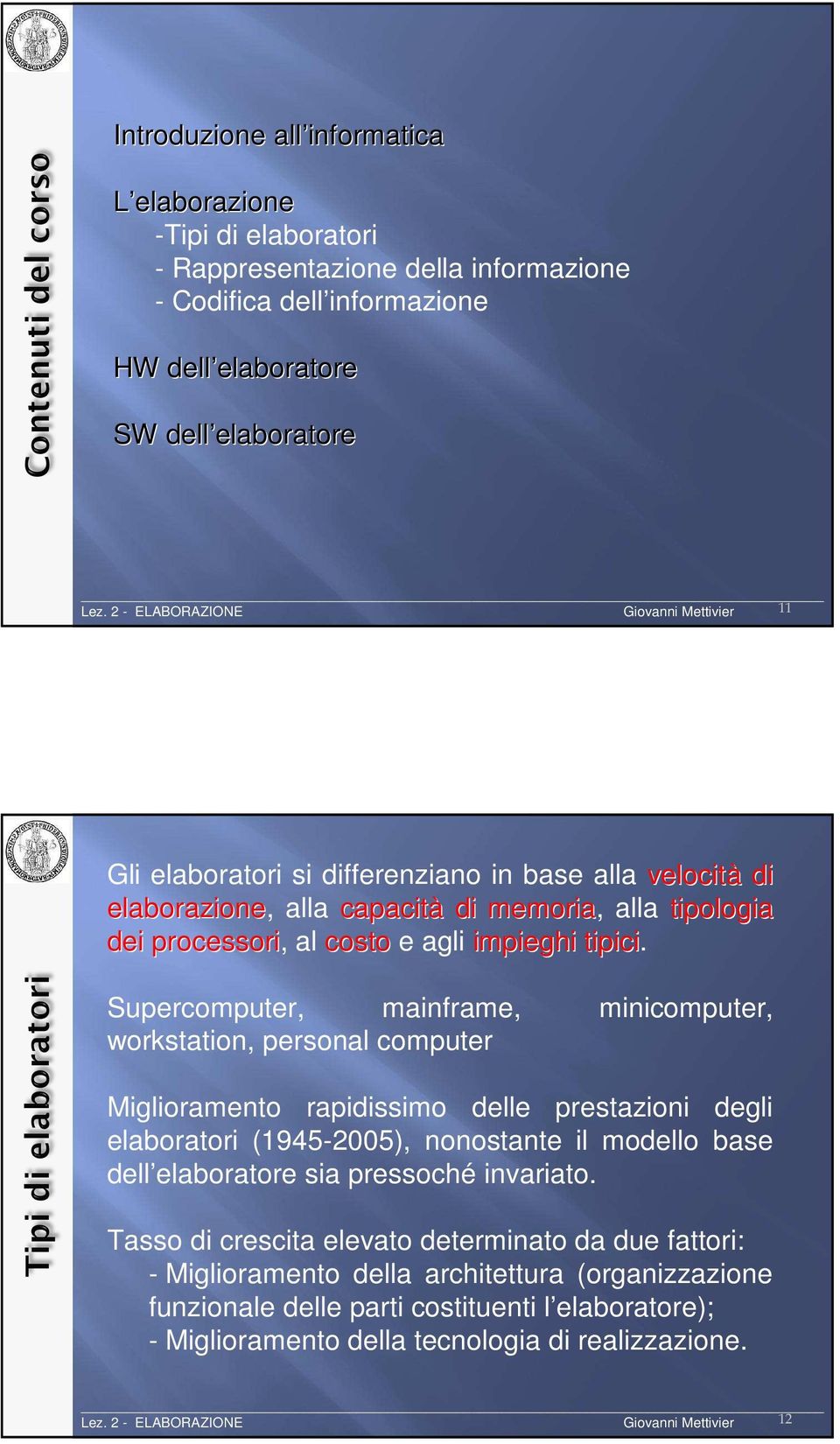 Supercomputer, mainframe, minicomputer, workstation, personal computer Miglioramento rapidissimo delle prestazioni degli elaboratori (1945-2005), nonostante il modello base dell elaboratore sia