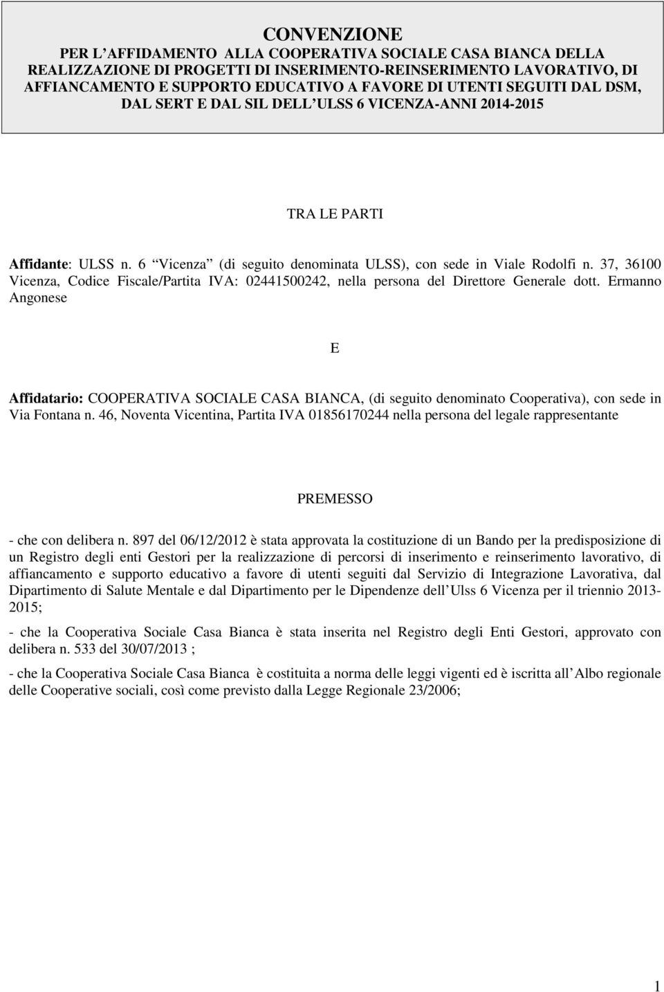 37, 36100 Vicenza, Codice Fiscale/Partita IVA: 02441500242, nella persona del Direttore Generale dott.