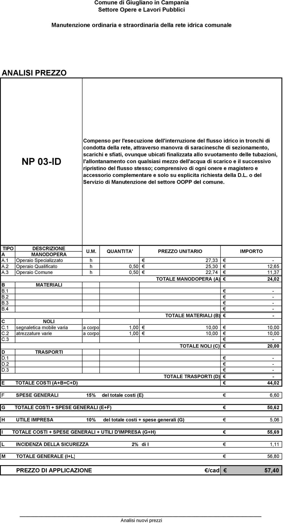 di ogni onere e magistero e accessorio complementare e solo su esplicita richiesta della.l. o del Servizio di Manutenzione del settore OOPP del comune. TPO ESRZONE U.M. QUNTT' PREZZO UNTRO MPORTO MNOOPER.