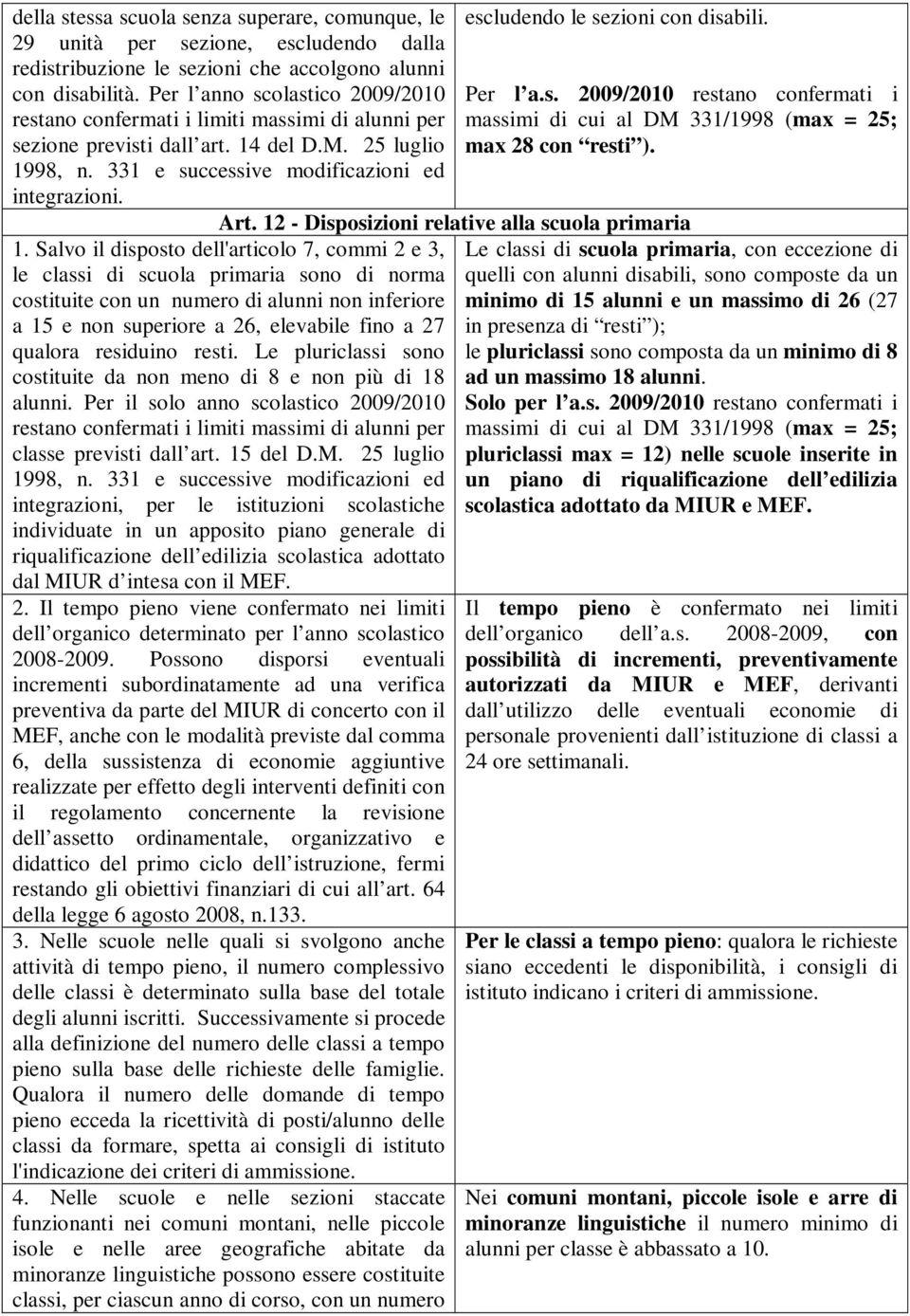 escludendo le sezioni con disabili. Per l a.s. 2009/2010 restano confermati i massimi di cui al DM 331/1998 (max = 25; max 28 con resti ). Art. 12 - Disposizioni relative alla scuola primaria 1.