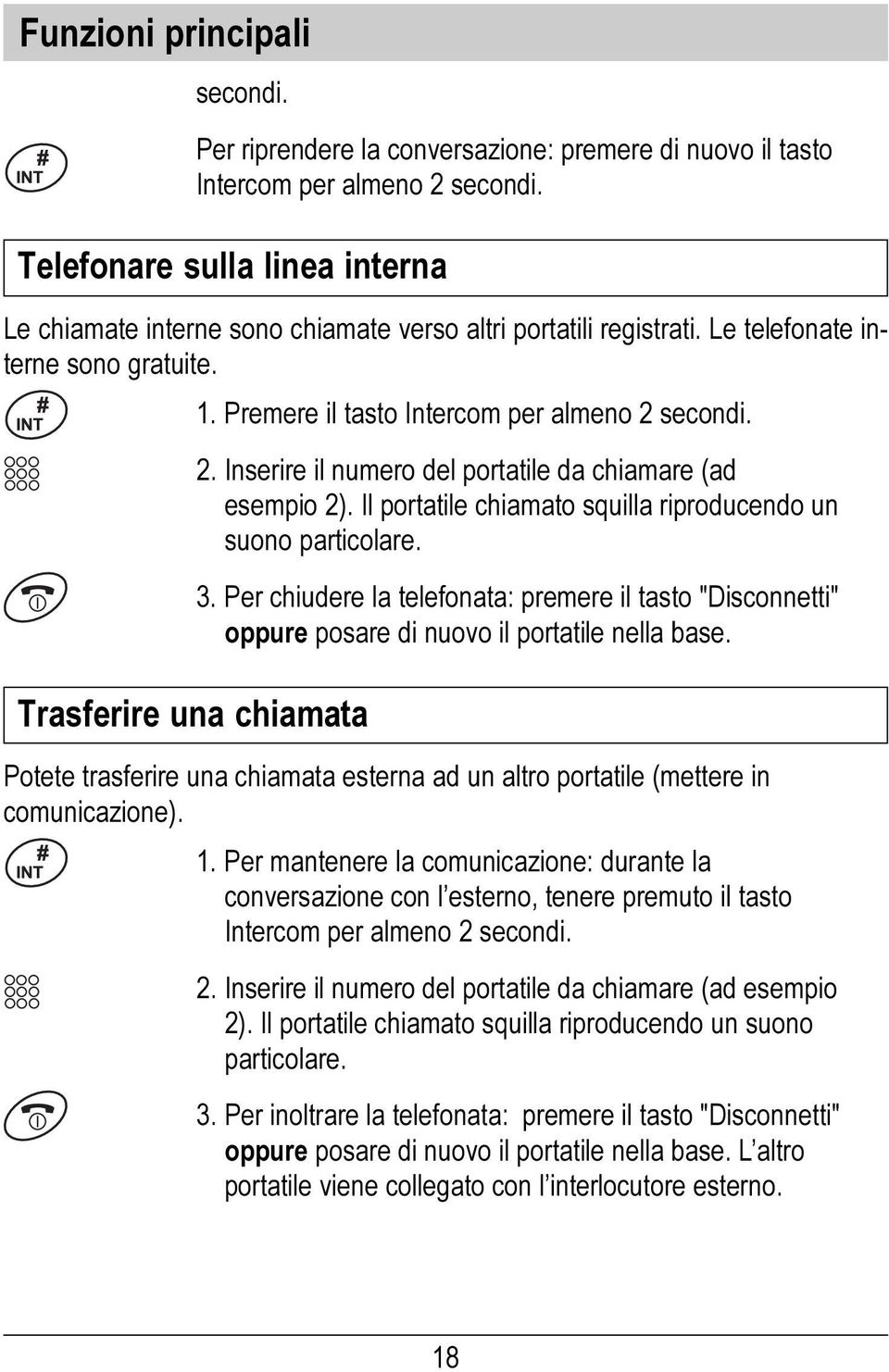 Premere il tasto Intercom per almeno 2 secondi. 2. Inserire il numero del portatile da chiamare (ad esempio 2). Il portatile chiamato squilla riproducendo un suono particolare. 3.