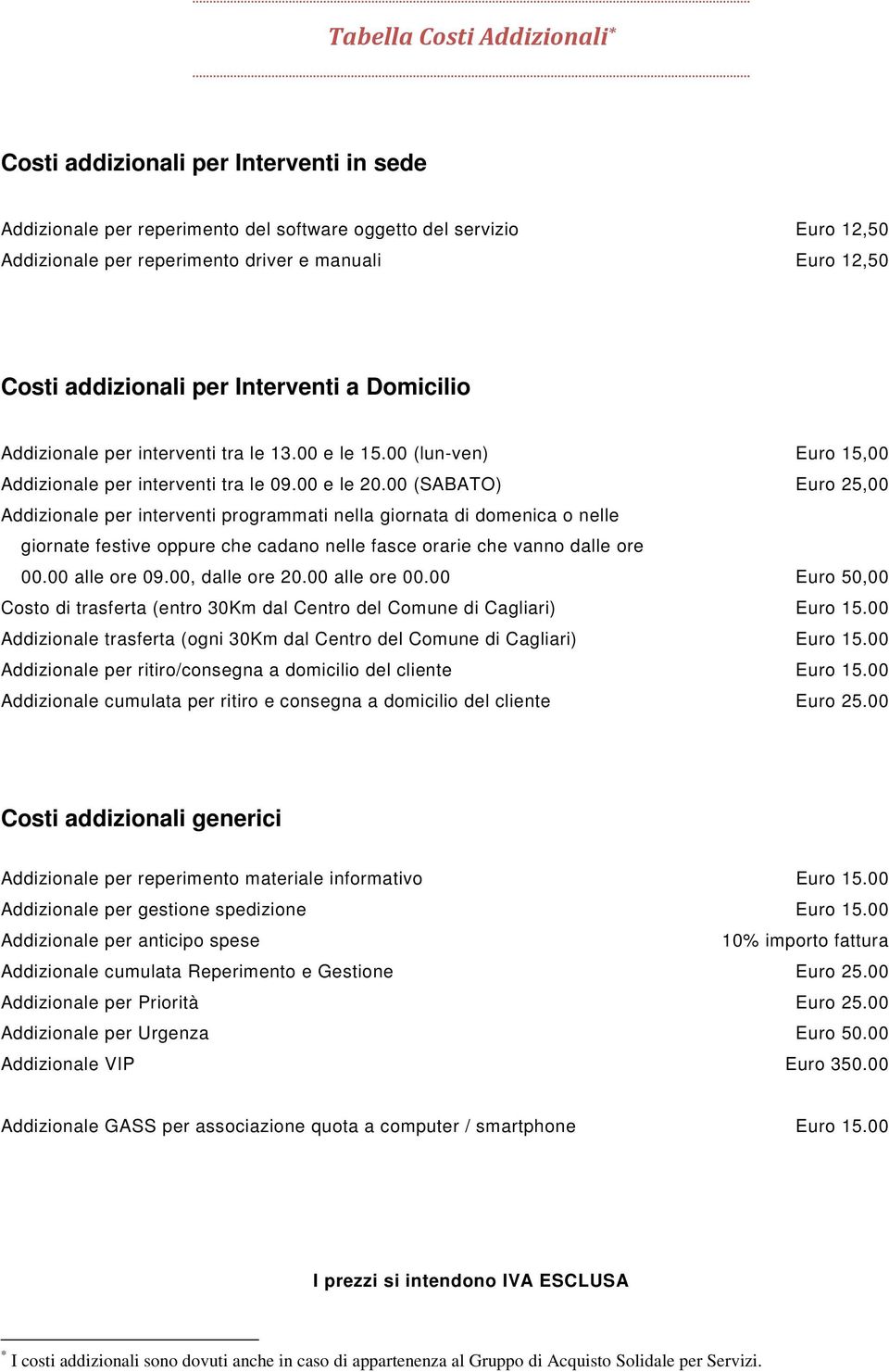 00 (SABATO) Euro 25,00 Addizionale per interventi programmati nella giornata di domenica o nelle giornate festive oppure che cadano nelle fasce orarie che vanno dalle ore 00.00 alle ore 09.