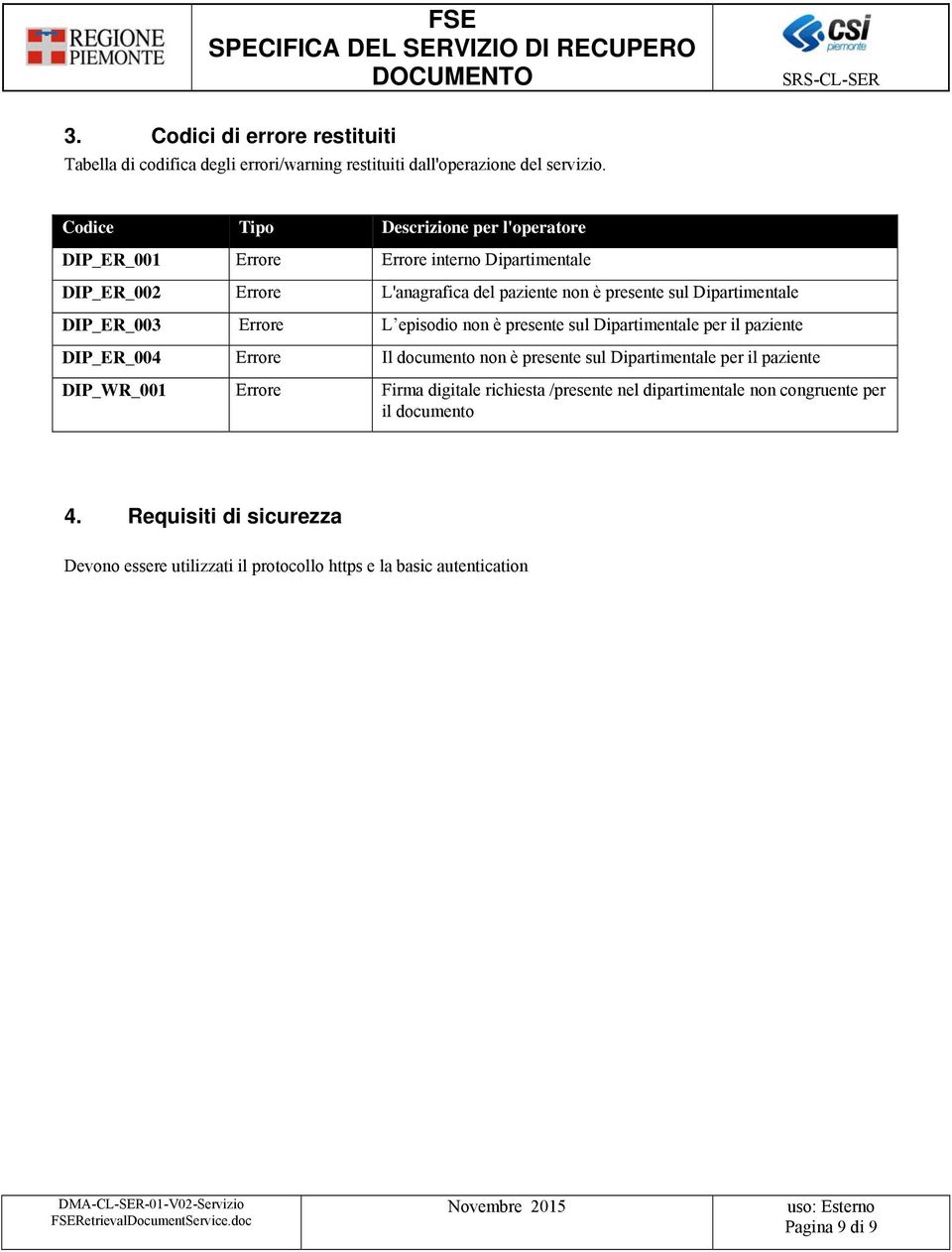 Dipartimentale DIP_ER_003 Errore L episodio non è presente sul Dipartimentale per il paziente DIP_ER_004 Errore Il documento non è presente sul Dipartimentale per