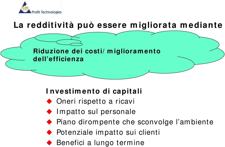 Oneri rispetto a ricavi Impatto sul personale Piano dirompente