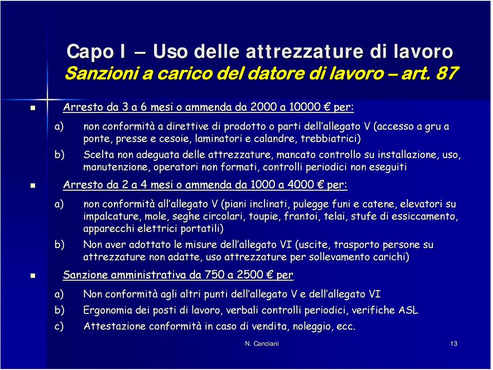 b) Scelta non adeguata delle attrezzature, mancato controllo su installazione, uso, manutenzione, operatori non formati, controlli periodici non eseguiti Arresto da 2 a 4 mesi o ammenda da 1000 a