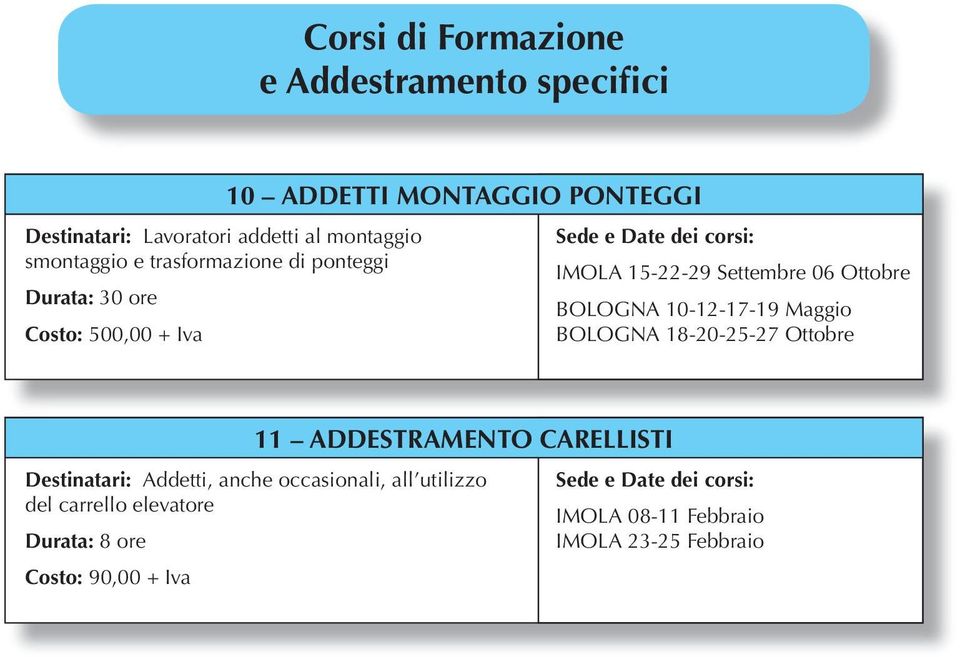 Settembre 06 Ottobre BOLOGNA 10-12-17-19 Maggio BOLOGNA 18-20-25-27 Ottobre 11 ADDESTRAMENTO CARELLISTI