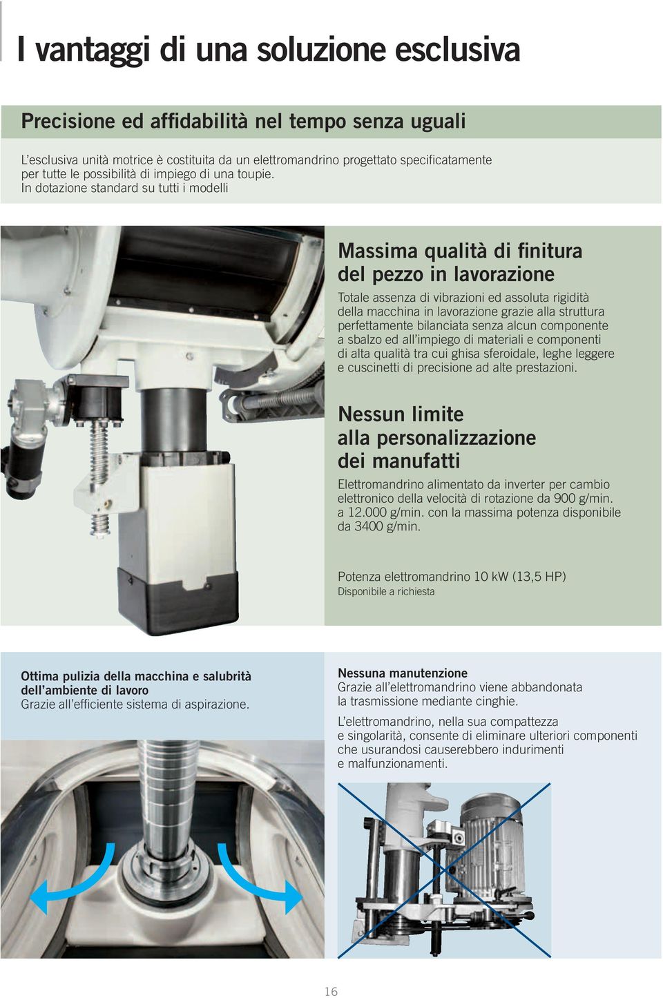 In dotazione standard su tutti i modelli Massima qualità di finitura del pezzo in lavorazione Totale assenza di vibrazioni ed assoluta rigidità della macchina in lavorazione grazie alla struttura