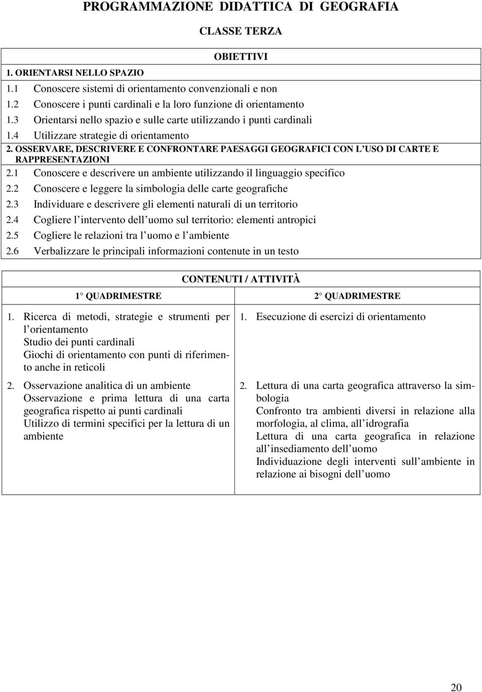 OSSERVARE, DESCRIVERE E CONFRONTARE PAESAGGI GEOGRAFICI CON L USO DI CARTE E RAPPRESENTAZIONI 2.1 Conoscere e descrivere un ambiente utilizzando il linguaggio specifico 2.